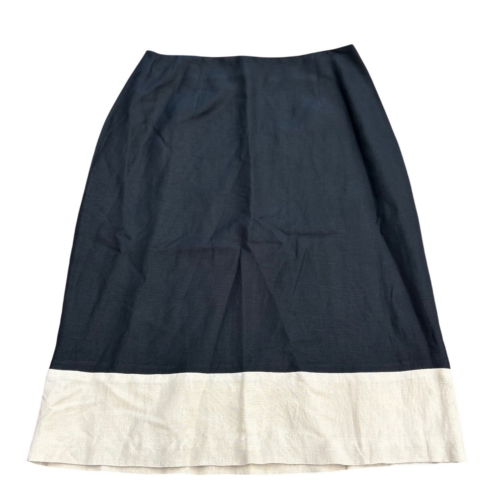 YL Women Black Cream Colorblock Linen Blend Midi Pencil Skirt Size 12 High Waist